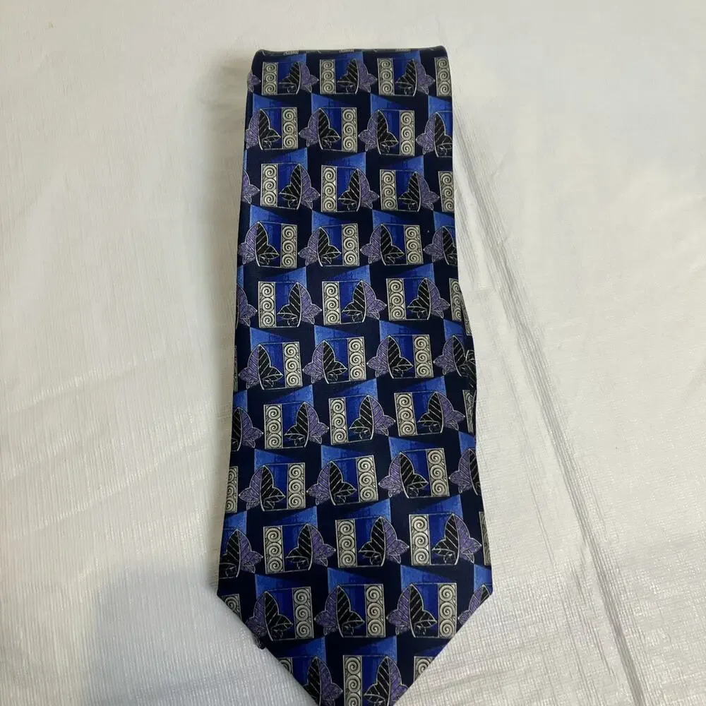 Lanvin‎ Paris Mens Silk Tie Blue Purple Geometric Leaf Made in France Designer